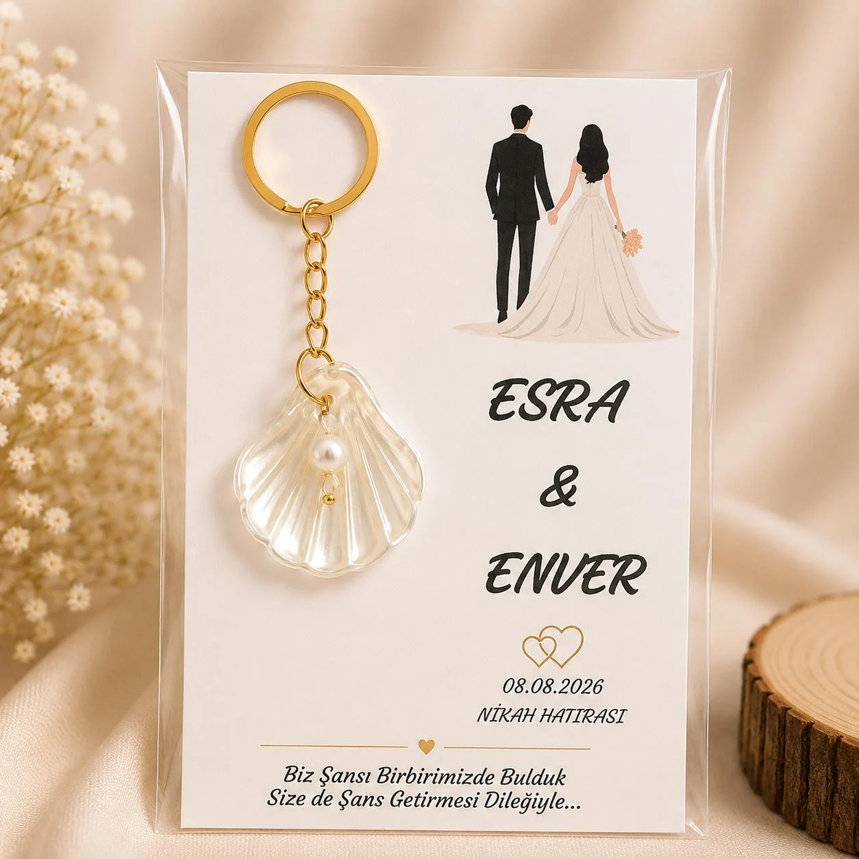 Kişiye Özel İncili İstiridye Anahtarlık – Kartlı Nikah ve Düğün Hediyeliği